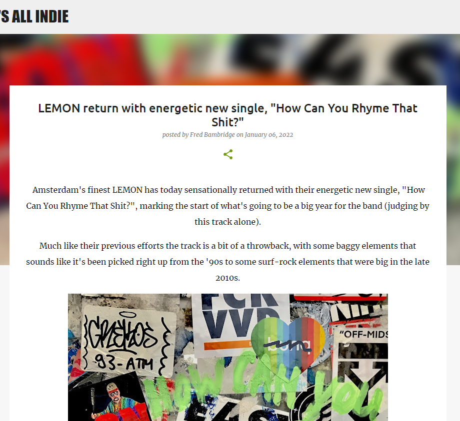 Review new lemon single on It's All Indie music blog